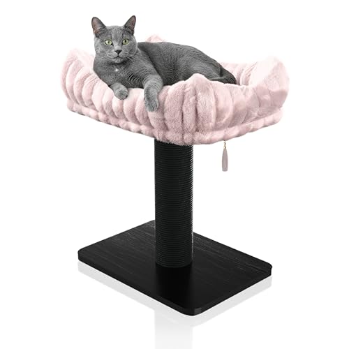 Moderner Kratzbaum für Indoor-Katzen, 38,1 cm hoher Katzenkratzbaum mit Bettrassen, 39,9 x 29,5 cm, abnehmbares und waschbares Kissen (schwarzer Pfosten mit rosa Bett) von PATHOSIO PETS
