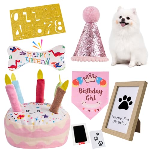 PATTEPOINT Hunde Geburtstag Spielzeug Set & Dekorationen für Hunde, Enthält Quietschendes Kuchenspielzeug, Plüschknochen, Geburtstagshüte, Bandana, Pfotenabdruck-Kit & Fotorahmen.Hund Geburtstag PATTEPOINT Hunde Geburtstag Spielzeug Set & Dekorationen für Hunde, Enthält Quietschendes Kuchenspielzeug, Plüschknochen, Geburtstagshüte, Bandana, Pfotenabdruck-Kit & Fotorahmen.Hund Geburtstag von PATTEPOINT