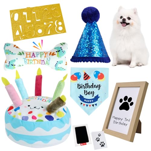 PATTEPOINT Hunde Geburtstag Spielzeug Set & Dekorationen für Hunde, Enthält Quietschendes Kuchenspielzeug, Plüschknochen, Geburtstagshüte, Bandana, Pfotenabdruck-Kit & Fotorahmen.Hund Geburtstag PATTEPOINT Hunde Geburtstag Spielzeug Set & Dekorationen für Hunde, Enthält Quietschendes Kuchenspielzeug, Plüschknochen, Geburtstagshüte, Bandana, Pfotenabdruck-Kit & Fotorahmen.Hund Geburtstag von PATTEPOINT