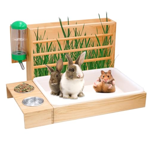 Kaninchen-Heu-Futterstation mit Katzentoilette, Wasserflasche und Schalen-Set, 4-in-1 Holz-Heuraufen-Futterstation für Kaninchen, Meerschweinchen, Hamster, kleine Haustiere, Rennmäuse, Ratten, Mäuse von PAULOZYN