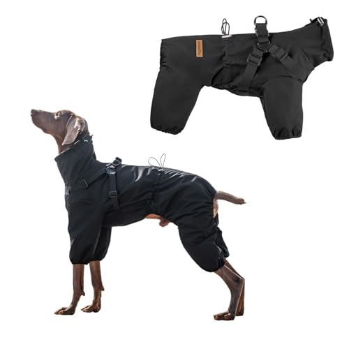 PAWBOSE Hunderegenmantel mit Geschirr für kleine und mittlere Hunde, verstellbare wasserdichte Hunderegenjacke, reflektierender regenfester Welpe 4 Beine Regenmantel Schwarz, 2XL von PAWBOSE