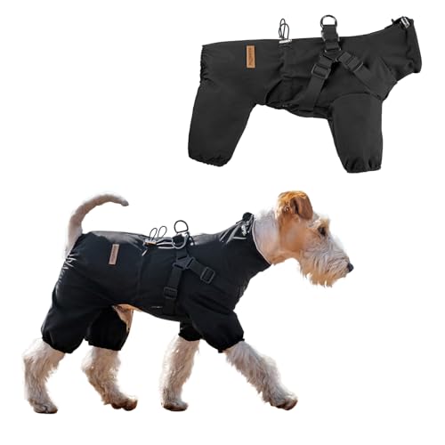 PAWBOSE Hunderegenmantel mit Geschirr für kleine und mittlere Hunde, verstellbare wasserdichte Hunderegenjacke, reflektierender regenfester Welpe 4 Beine Regenmantel Schwarz, M von PAWBOSE