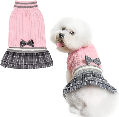 Hundepullover Kleid Plaid Kleid mit Fliege - Hund Rollkragenpullover Strickwaren Kaltes Wetter Pullover mit Leine Loch, geeignet für kleine mittelgroße Hunde Welpen von PAWCHIE