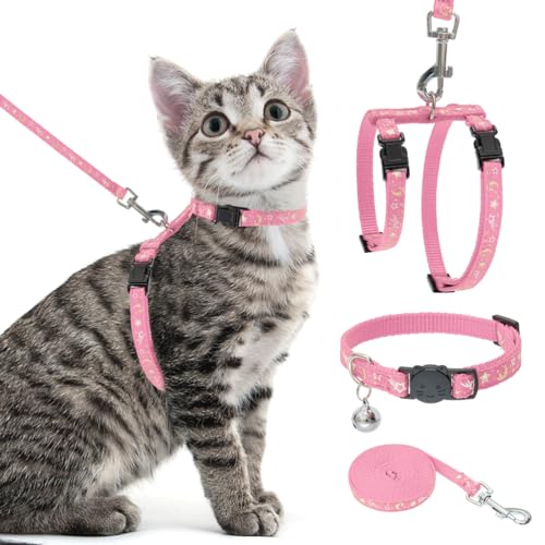 Katzengeschirr mit Leine und Halsband Set – ausbruchsicher, verstellbar, H-shped Katzengeschirr mit Stern- und Mondmuster, leuchtet im Dunkeln, für Katzen, Outdoor-Spaziergänge von PAWCHIE