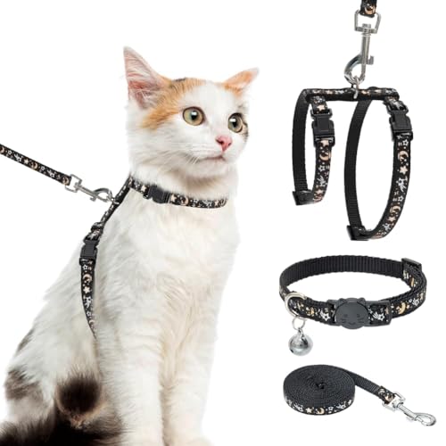 Katzengeschirr mit Leine und Halsband-Set – ausbruchsicheres, verstellbares H-shped Katzengeschirr mit Stern- und Mond-Muster, leuchtet im Dunkeln, für Kitty Outdoor Walking von PAWCHIE