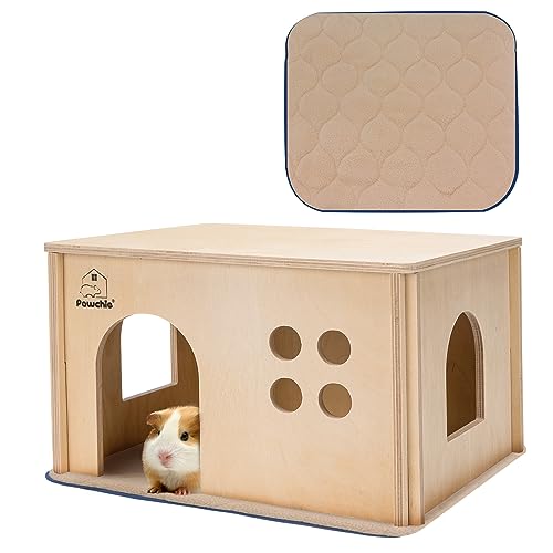 PAWCHIE Hölzerner Hüttenversteck für Kleintiere – Habitat mit Fenstern, Meerschweinchen und Hamster, lebender Holzhut, abnehmbarer Haustier-Hut für kleine Haustiere von PAWCHIE