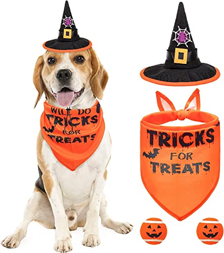 PAWCHIE Hunde-Halloween-Kostüme & Hunde-Tennisbälle – Fledermaus-Geist gemustertes Hundehalstuch, Zauberer-Hundehut, Kürbis-Quietschende Tennisbälle für Hunde, 3-in-1 Halloween-Hunde-Kostüme von PAWCHIE