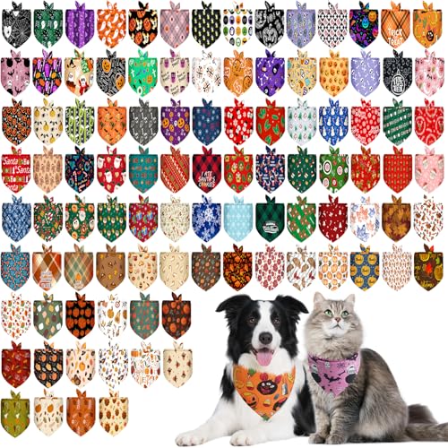 PAWCHIE Hundehalstücher für den Urlaub, 100 Stück, bunt, dreieckig, kariert, Festival-Stil für kleine bis große Hunde, Welpen, Katzen, Halloween, Thanksgiving und Weihnachten von PAWCHIE