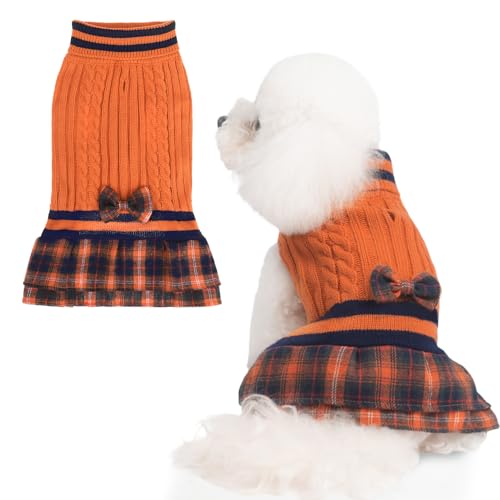 PAWCHIE Hundepullover mit Fliege – Halloween-Rollkragenpullover, Strickwaren für kleine Hunde und Mädchen, kaltes Wetter, Pullover mit Loch für die Leine, geeignet für kleine und mittelgroße Hunde von PAWCHIE