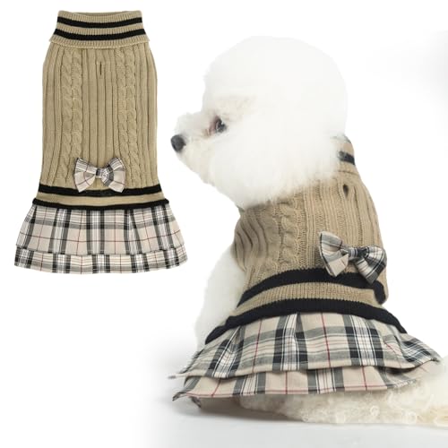PAWCHIE Hundepullover mit Fliege – Rollkragenpullover für kleine Hunde und Mädchen, kaltes Wetter, Pullover mit Loch für die Leine, geeignet für kleine und mittelgroße Hunde, Beige, Größe XS von PAWCHIE