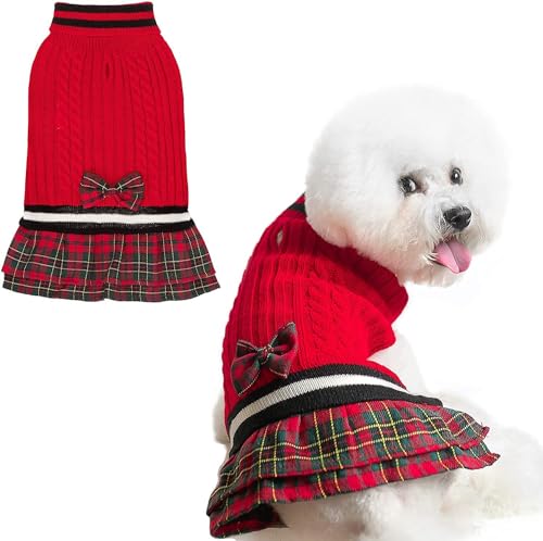 PAWCHIE Hundepulloverkleid mit Fliege – Hunde-Rollkragenpullover Strickwaren für kleine Hunde Mädchen, kaltes Wetter, Pullover mit Leinenloch, geeignet für kleine, mittelgroße Hunde Welpen von PAWCHIE