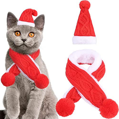 PAWCHIE Katze Weihnachten Outfit Kostüm - Nikolausmütze und Schal für Katzen Kätzchen kleine Hunde, Haustier Weihnachtskostüme Set für Katze und Welpen von PAWCHIE