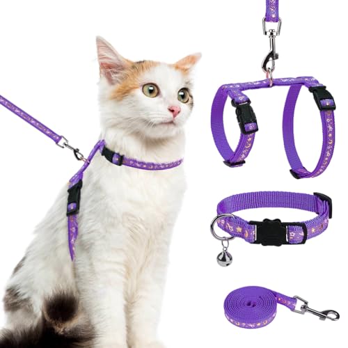 PAWCHIE Katzengeschirr mit Leine und Halsband, ausbruchsicher, verstellbar, H-shped Katzengeschirr mit Stern- und Mondmuster, leuchtet im Dunkeln, für Kätzchen, Spaziergänge im Freien, Lila, M von PAWCHIE