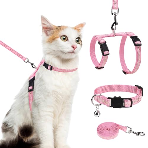 PAWCHIE Katzengeschirr mit Leine und Halsband, ausbruchsicher, verstellbar, H-shped Katzengeschirr mit Stern- und Mondmuster, leuchtet im Dunkeln, für Kätzchen, Spaziergänge im Freien, Rosa, M von PAWCHIE