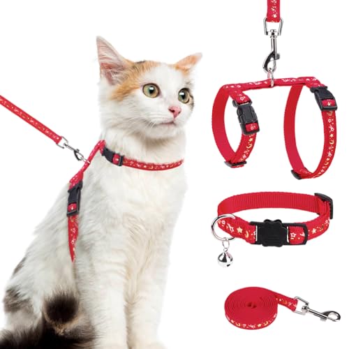 PAWCHIE Katzengeschirr mit Leine und Halsband, ausbruchsicher, verstellbar, H-shped Katzengeschirr mit Stern- und Mondmuster, leuchtet im Dunkeln, für Kätzchen, Spaziergänge im Freien, Rot, M von PAWCHIE