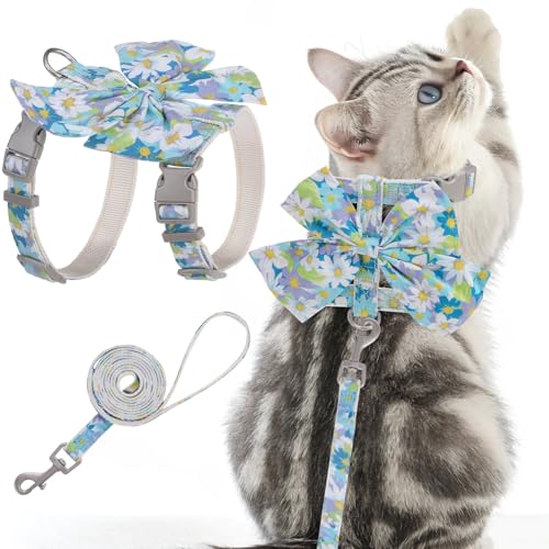 PAWCHIE Katzengeschirr und Leine, Set mit Schleifenknoten, ausbruchsicher, verstellbar, Gänseblümchen, Kätzchen-Geschirr, weich, für Outdoor, Spaziergänge, Reisen, Haustiergeschirr, Welpengeschirr für von PAWCHIE