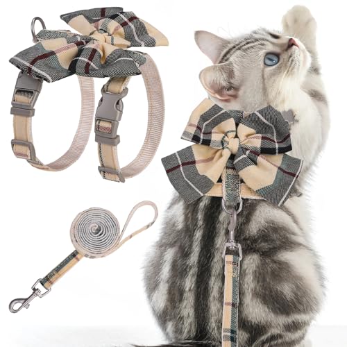 PAWCHIE Katzengeschirr und Leine, ausbruchsicher mit Schleife, verstellbares Kätzchen-Westengeschirr für drinnen und draußen, leicht, weich, für mittelgroße Katzen, Jungen, Mädchen, Welpen, Beige von PAWCHIE
