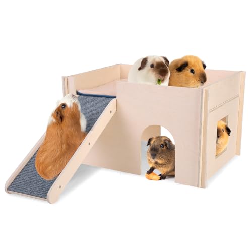 PAWCHIE Meerschweinchenversteck aus Holz mit Urinierkissen, abnehmbares Kleintierhaus, Betthütte, Lebensräume mit Treppen und Fenstern, Hasenversteck für Hamster, Chinchilla, Rennmäuse von PAWCHIE