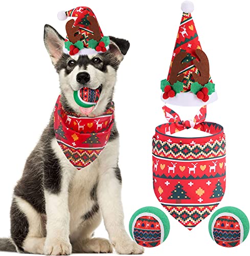 PAWCHIE Weihnachts-Hundekostüm – Weihnachts-Hunde-Outfit, Hunde-Weihnachtsmannmütze, Bandana, Tennisbälle, Weihnachts-Dreieck-Lätzchen, quietschendes Spielzeug, Zubehör für kleine, mittelgroße Hunde von PAWCHIE