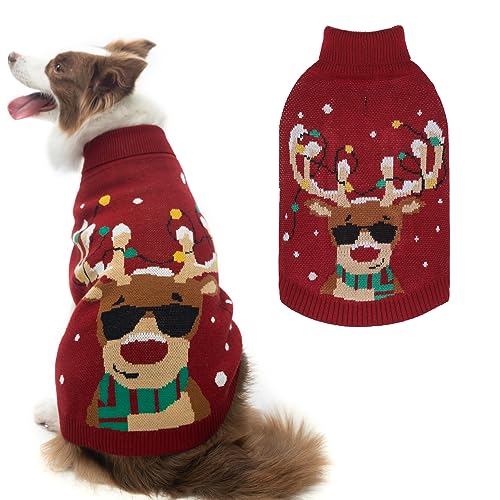 PAWCHIE Weihnachtlicher Hundepullover, Rollkragen-Outfit mit Loch für die Leine, gestrickt, für den Winter, warme Kleidung für kleine, mittelgroße und große Hunde, Jungen und Mädchen von PAWCHIE