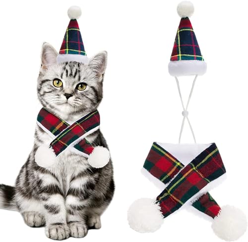 Weihnachts-Katzenhut und Schal-Set, Haustierkostüme, Kleidung mit Weihnachtsmannmütze und Schal für Katzen und Welpen, karierte Mütze von PAWCHIE