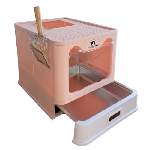 Pawfect Home Katzentoilette aus Edelstahl - Schublade mit Edelstahlwanne - mit Schaufel aus Edelstahl - Geschlossenes Katzenklo - 50x40x39cm - auslaufsicher, Kratzfest - EIN/Ausstieg (Pink) von PAWFECT HOME ESTD 2024