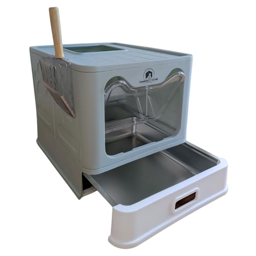 Pawfect Home Katzenklo aus Edelstahl - Schublade mit Edelstahlwanne - mit Schaufel aus Edelstahl - Geschlossene Katzentoilette - 50x40x39cm - auslaufsicher, Kratzfest - EIN/Ausstieg (Türkis) von PAWFECT HOME ESTD 2024