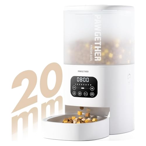 PAWGETHER® Automatischer Katzenfutterspender – 4 l Zeitgesteuerter Katzenfutterspender mit Edelstahlnäpfen, verstopfungsfrei, geeignet für Trockenfutter bis zu 20 mm, doppelte Portionskontrolle von PAWGETHER