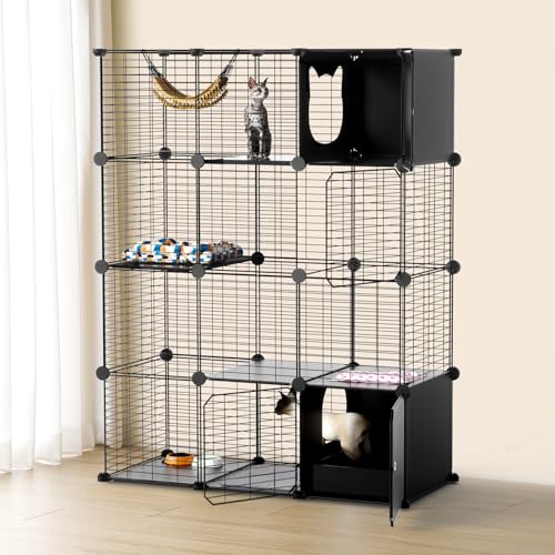 PAWING Katzengehege Indoor mit Katzenklo, 4-stöckiger Metalldraht Katzenkäfig DIY Abnehmbares Design für Katzen, Kätzchen & Kleintiere, Mehrstöckiger Zwinger von PAWING