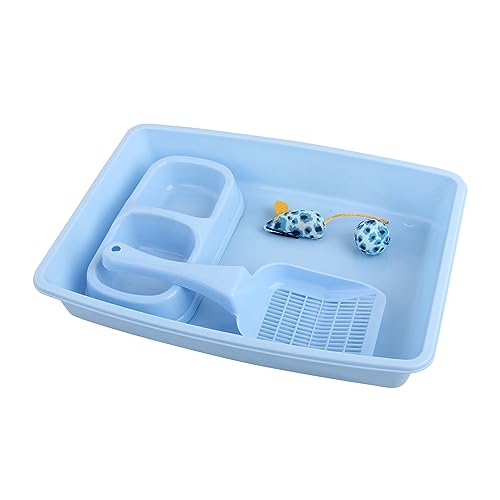 PAWISE Katzen-Starter-Set: Katzenklo klein, Katzentoilette, Enthält 36,7 x 26,7 cm Katzentoilette, Schaufel, 2*Spielzeuge, Doppelschüssel, Hochglanzpolierte Oberfläche, 5-teiliges Set,blau von PAWISE