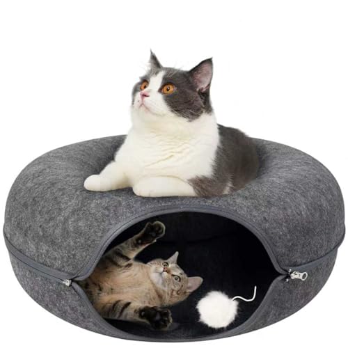 Pawise 2-in-1-Katzentunnelbett mit hängendem Ball, wandelbare Filz-Katzenhöhle für Indoor-Katzen, geschlossenes doppellagiges Katzenhausnest, Reißverschluss-Design, inklusive zufälligem von PAWISE