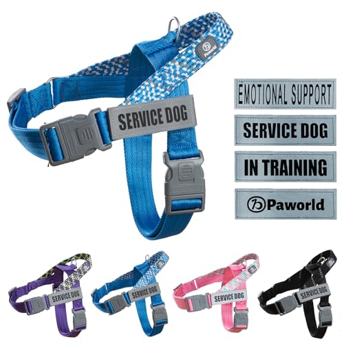 Paworld Hundegeschirr, Diensthundegeschirr, Norwegergeschirr Hund, Sicherheitsgeschirr mit 4 reflektierenden Aufnähern, Verstellbar, Griff, für Spaziergänge, Training und Laufen (Blau, L) von PAWORLD