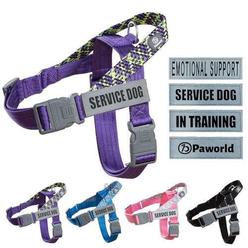 Paworld Hundegeschirr, Diensthundegeschirr, Norwegergeschirr Hund, Sicherheitsgeschirr mit 4 reflektierenden Aufnähern, Verstellbar, Griff, für Spaziergänge, Training und Laufen (Lila, XS) von PAWORLD