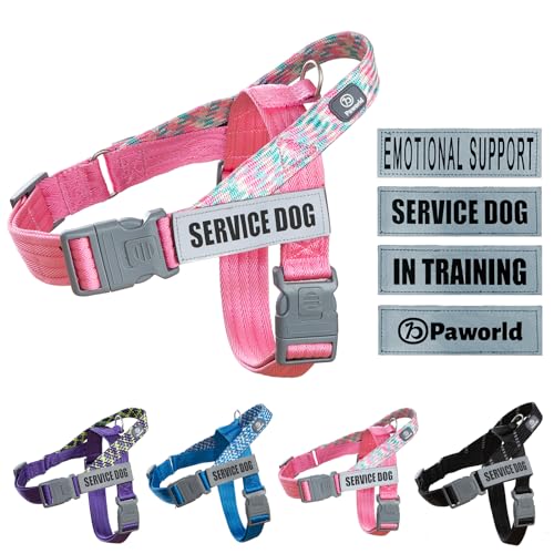 Paworld Hundegeschirr, Diensthundegeschirr, Norwegergeschirr Hund, Sicherheitsgeschirr mit 4 reflektierenden Aufnähern, Verstellbar, Griff, für Spaziergänge, Training und Laufen (Rosa, S) von PAWORLD