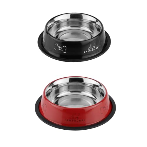 PAWPOURRI Bedruckter rutschfester Wasser- und Futterspender für Hunde und Katzen, aus Edelstahl, 698 ml, Schwarz + Rot, 2 Näpfe) von PAWPOURRI
