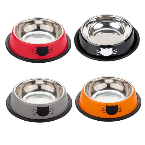 PAWPOURRI Rutschfester, rutschfester Futternapf für Kätzchen, Edelstahl-Katzennapf, 4 Stück (230 ml, Grau, Rot, Orange und Schwarz) von PAWPOURRI