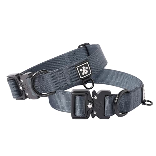 PawsPassion Robustes Hundehalsband für XL-Hunde, kaufeste Metallbeschläge, verstärktes Nylon-Hundehalsband mit Metall-Schnellverschluss-Schnalle, D-Ring für Hundemarke (Dunkelfall, XL) von PAWS PASSION