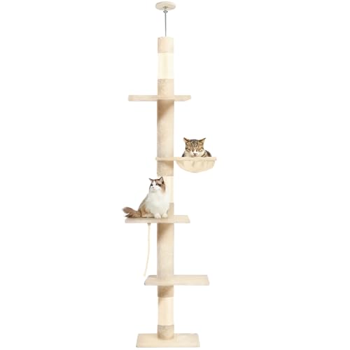 Kratzbaum mit 5 Ebenen, vom Boden bis zur Decke, 220 - 279 cm, höhenverstellbar, Katzenturm mit gemütlicher Hängematte, Katzenkletterbaum für Indoor-Katzen, Beige von PAWSCRAT