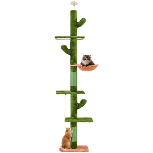 PAWSCRAT Katzenbaum, 5-stöckiger Kaktus-Katzenbaum, Katzenturm mit gemütlicher Hängematte, 225,6 - 274,9 cm höhenverstellbar, Sisal-Kratzbaum, stabile Plattformen, Grün von PAWSCRAT