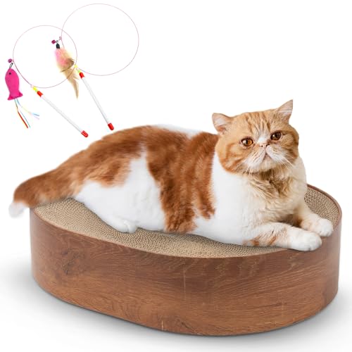 Katzenkratzbett aus Karton mit ovalem Wellendesign – strapazierfähiges Recyclingbrett für Möbelschutz, Katzenkratz-Loungebett, Katzenkratzschale und interaktives Kitty-Trainingsspielzeug – Holz von PAWSELITE