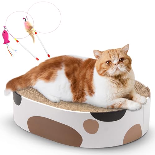 Katzenkratzbett aus Karton mit ovalem Wellendesign – strapazierfähiges Recyclingbrett für Möbelschutz, Katzenkratz-Loungebett, Katzenkratzschale und interaktives Kitty-Trainingsspielzeug – milchig von PAWSELITE