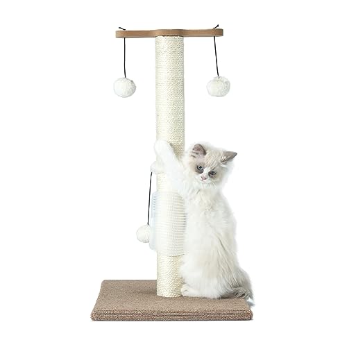 PAWSFANS Kratzbaum für Katzen, Sisal, vertikal, für Indoor-Katzen und Kätzchen, drei hängende Kugelspielzeug und selbstpflegende Bürste, 66 cm, Beige von PAWSFANS