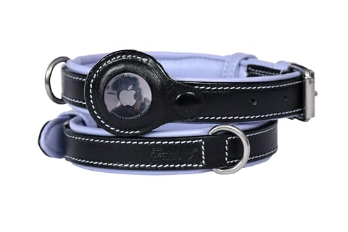 PAWSOFT Airtag Luxus-Hundehalsband aus echtem Leder, weich gepolstert, für mittelgroße und große Hunde, Leder mit Anti-Rost-Hardware (Größe M, passend für Halsumfang 35,6 cm, 38,1 cm, 40,6 cm und 43,2 von PAWSOFT