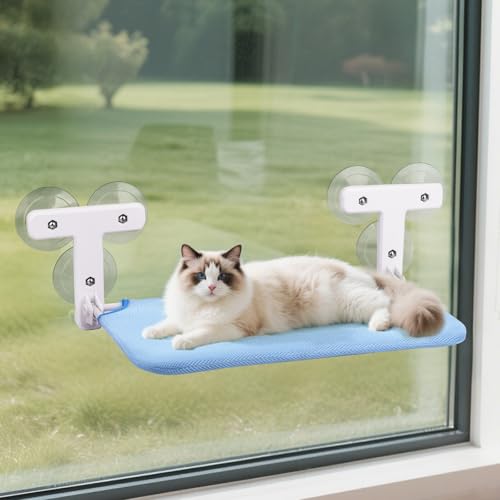 XAOSUN Katzenfenstersitzstange, schnurloses Fenster-Katzenbett mit 6 Saugnäpfen, 25 kg Tragfähigkeit, stabiler Metallrahmen, faltbare Hängematte für große Katzen - Blau XAOSUN Katzenfenstersitzstange, schnurloses Fenster-Katzenbett mit 6 Saugnäpfen, 25 kg Tragfähigkeit, stabiler Metallrahmen, faltbare Hängematte für große Katzen - Blau von PAWSPURR