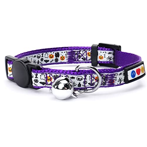Pawtitas Katzenhalsband für Halloween, Verstellbar, Leuchtend im Dunkeln, Mit Sicherheitsschnalle und Abnehmbarer Glocke - Passend zu Katzenkostüm, Lila Muster Pawtitas Katzenhalsband für Halloween, Verstellbar, Leuchtend im Dunkeln, Mit Sicherheitsschnalle und Abnehmbarer Glocke - Passend zu Katzenkostüm, Lila Muster von PAWTITAS