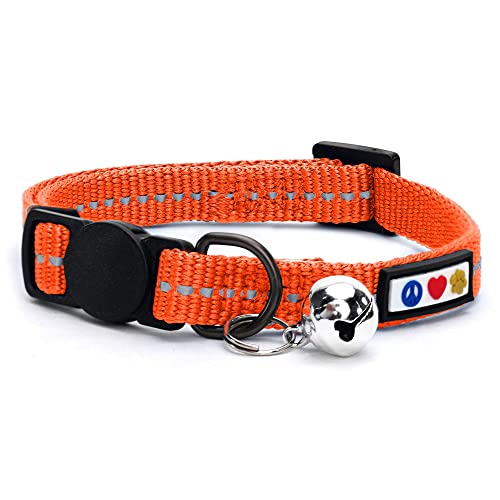Pawtitas Reflektierendes Katzenhalsband Recyceln, katzenhalsband mit sicherheitsverschluss | Reflektierende Schnellverschluss Haustier Halsband Katzenhalsbänder mit Glocke - Orange Habanero von PAWTITAS