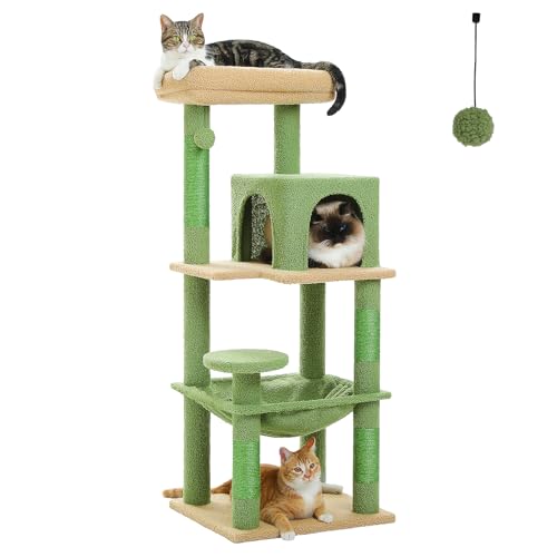 PAWZ Road Katzenbaum mit Metall-Plüsch-Hängematte, Katzenturm für ausgewachsene Katzen mit 2-türigem Condo-Haus, 6-stufige Katzenregale mit Kratzpfosten und großer oberer Sitzstange grün 116 von PAWZ Road