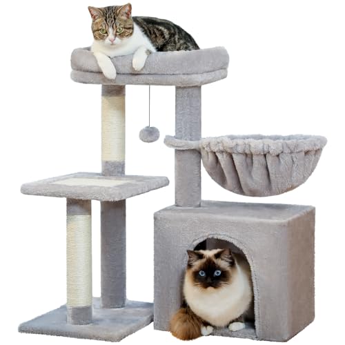 PAWZ Road Kratzbaum, Kleiner Katzenturm [73cm] mit großer Hängematte, 2 Arten von Katzen Aktivität Baum mit Sisal Katze Kratzbaum, interaktive Danging Ball für Indoor-Katzen, Grau von PAWZ Road