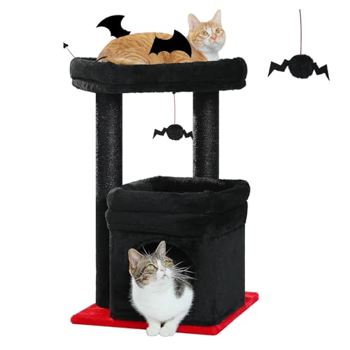 PAWZ Road Gothic Kleiner Katzenbaum Mehrstöckiger Katzenturm mit Sisalüberzogenem Kratzbaum, Gemütliche Höhle und Sitzstange für Indoor-Katzen, Schwarz, Halloween von PAWZ Road