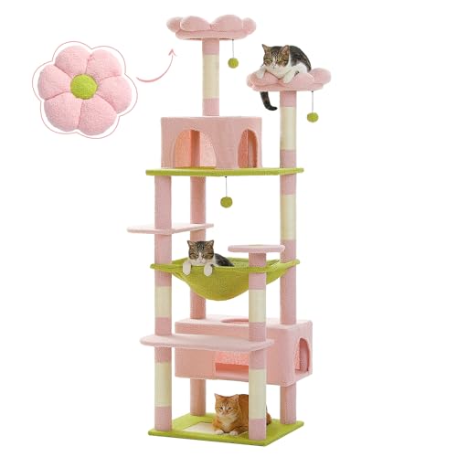 PAWZ Road Kratzbaum Grosse Katzen Stabil, 184 cm Blume kratzbaum für große Katzen, mit Hängematte, 7 Sisalpfosten, großer Sitzstange, Höhle, Körben, kratzbaum hoch für Indoor-Katzen, Rosa von PAWZ Road